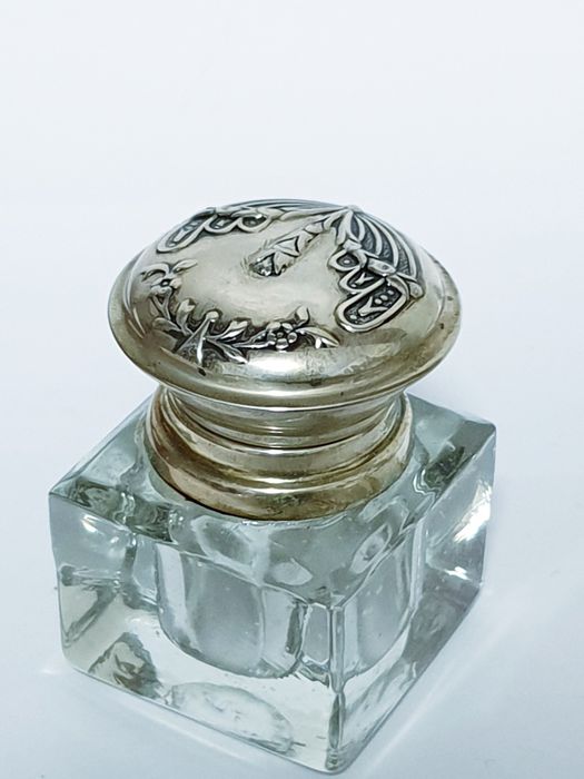 Tinteiro com armação em prata portuguesa estilo Arte Nova