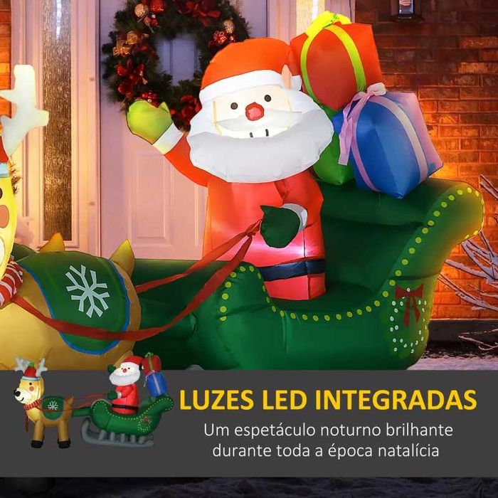Decoração Insuflável de Pai Natal com Trenó 2 Renas (inclui Luzes LED)