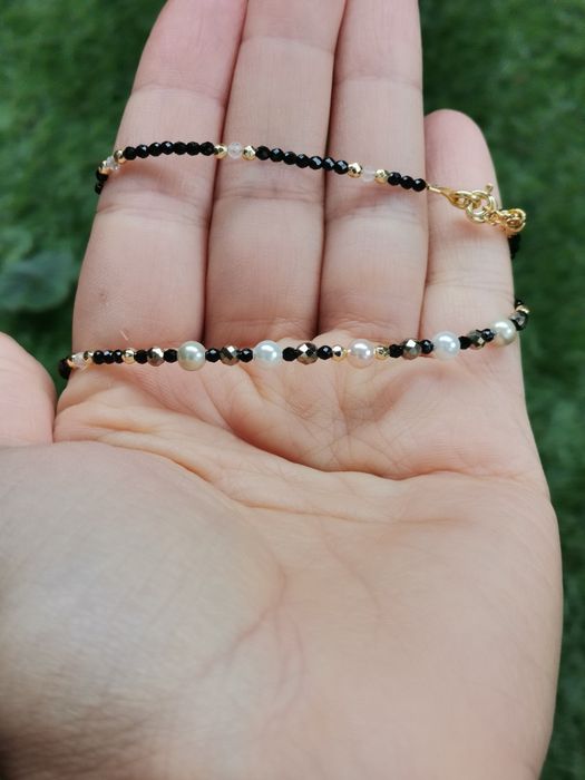 Naszyjnik choker na lince kryształ górski srebro 925 perły seashell