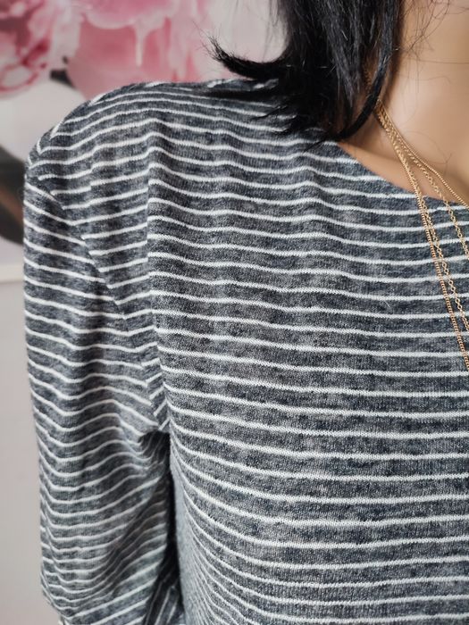 Szara bluzka w białe paski dłuższy tył LEN Esprit rozm S