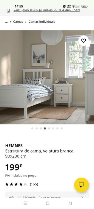 Cama solteiro IKEA HEMNES Estrutura de cama, velatura branca, 90x200cm