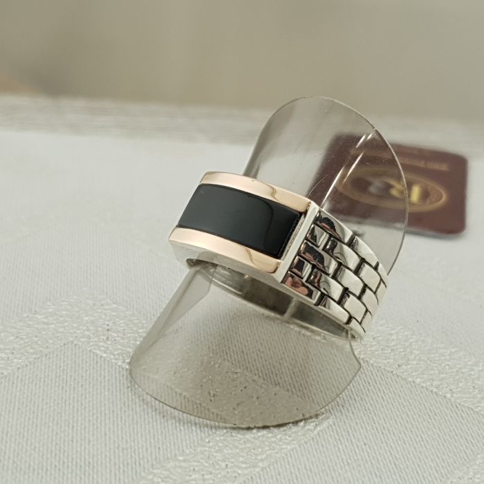 Чоловіча срібна печатка з оніксом та золотом перстень каблучка