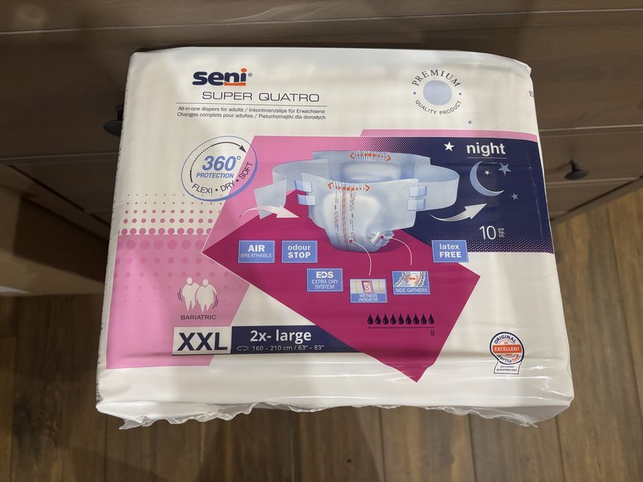 5 paczek pieluch Seni super Quatro XXL