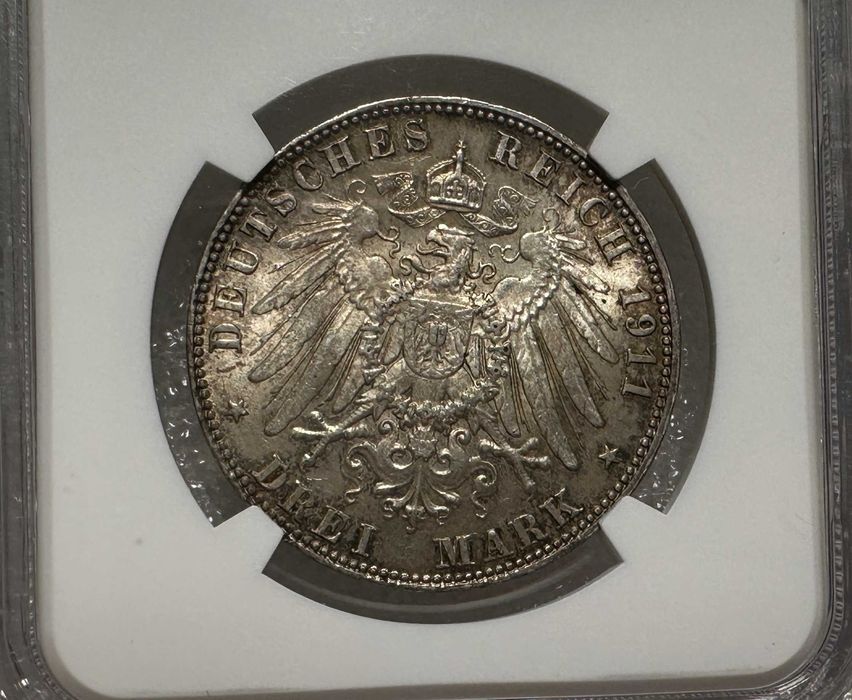 Срібна монета 3 марки Німецька імперія Баварія 1911 Луітпольд NGC MS-64