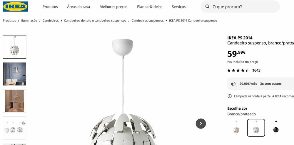 Candeeiro Branco/Prateado IKEA | Como novo