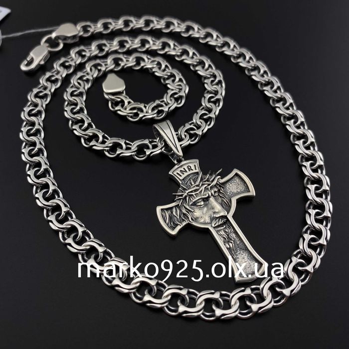 Масивна срібна цепочка чоловіча Бісмарк з хрестиком 925 проба ланцюжок