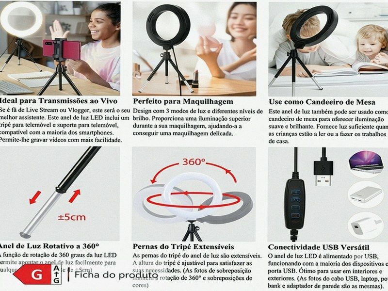 Ring Light Rotativa 360° com Tripé — Streaming, Maquilhagem e Videochamadas