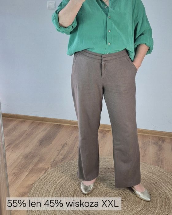 Brązowe spodnie z lnem i wiskozą eleganckie szerokie proste nogawki 16