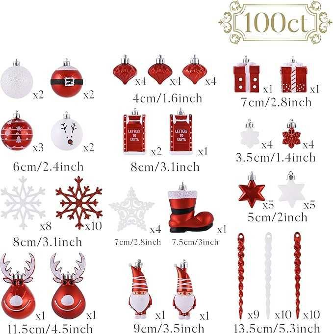 Conjunto de 100 Peças de Natal Vermelhas e Brancas