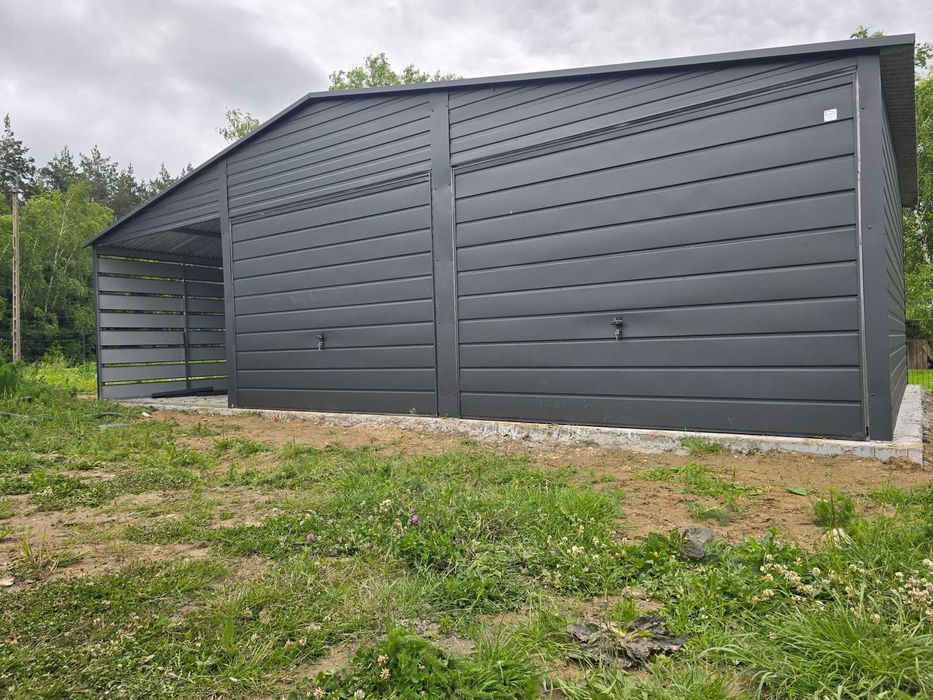 Garaż Blaszany Antracyt Mat + Dodatkowa Wiata z Paneli