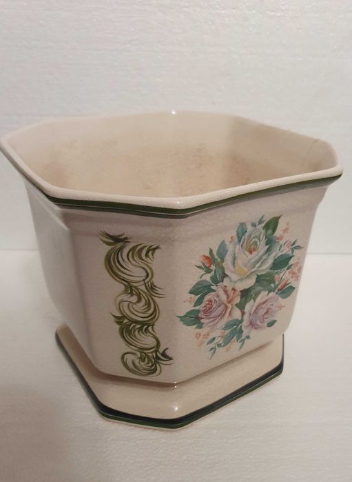 Vaso de loiça crackled de Alcobaça, pintado à mão, 25cm, Anos 90