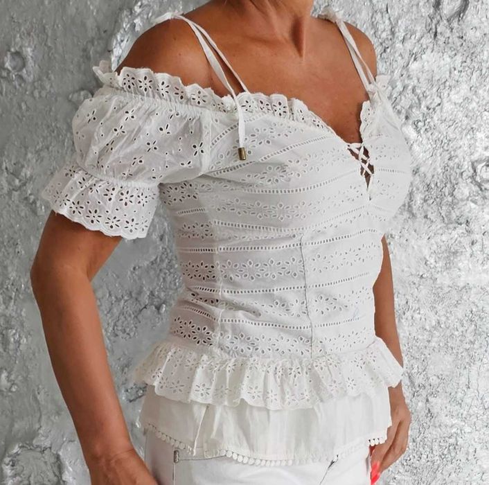 GUESS hiszpanka bluzka hafty i koronki roz M/L