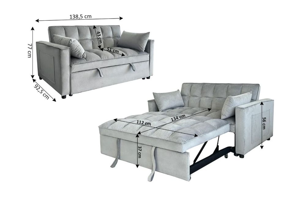 Sofá cama de casal, 2 lugares, em veludo, cinza *NOVO*