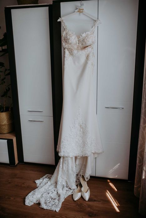 Suknia ślubna ecru syrenka tren XS/S 34/36