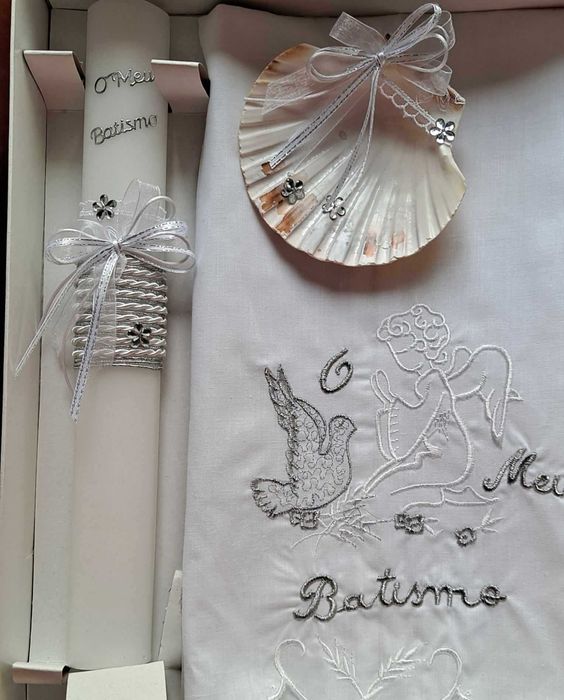 conjunto para batismo / batizado: vela, concha, toalha