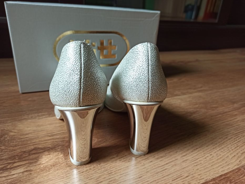 Buty ślubne, wieczorowe srebrne ( lustrzany obcas) R36 wkładka 23,3cm