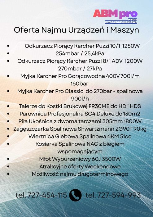 Wynajem Odkurzacz Piorący Myjka Parownica i inne Firma Sprzątanie