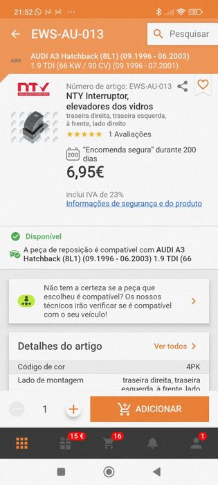 Interruptor, elevador de vidros A3 8l (novo)