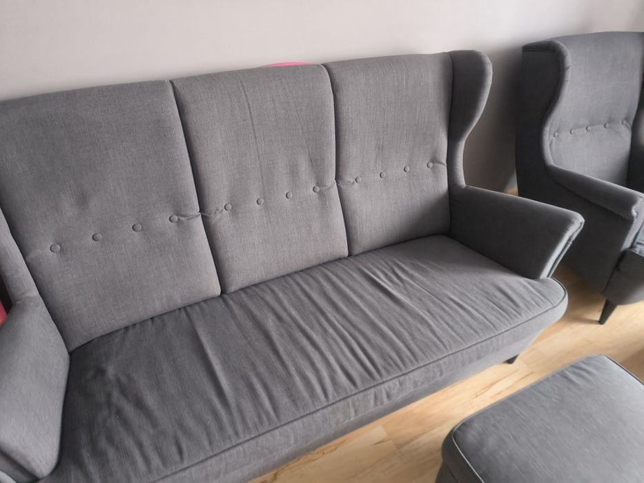 Zestaw Ikea Strandmon szary sofa kanapa fotel uszak podnóżki