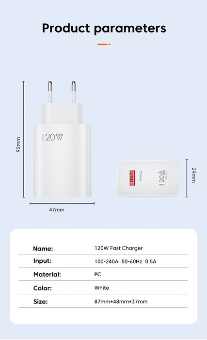 QC 3.0 Szybka ładowarka telefoniczna sieciowa USB 120W + 1m przewód
