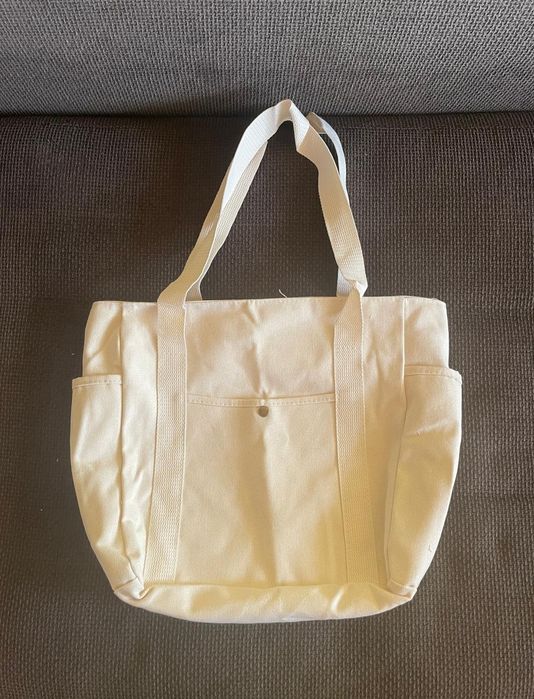 Torba materiałowa torebka na ramię plażowa z kieszeniami shopper beż