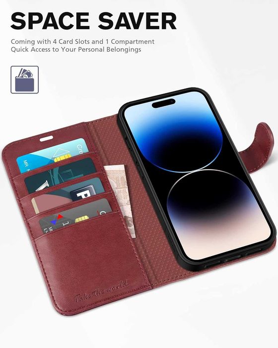 TUCCH iPhone 14 Pro etui skórzane magnetyczne Portfel RFID  czerowne