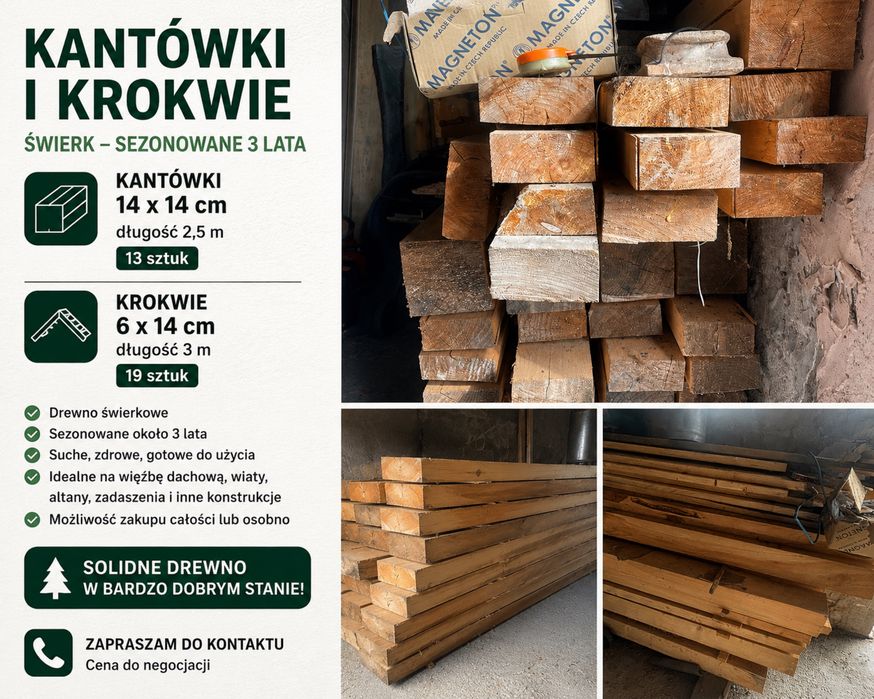 Kantówki 14×14 cm + krokwie 6×14 cm – świerk – sezonowane 3 lata