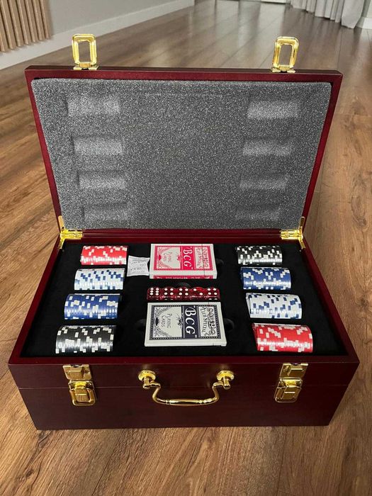 Zestaw do pokera, drewniana walizka, prezent, gry towarzyskie, nowe