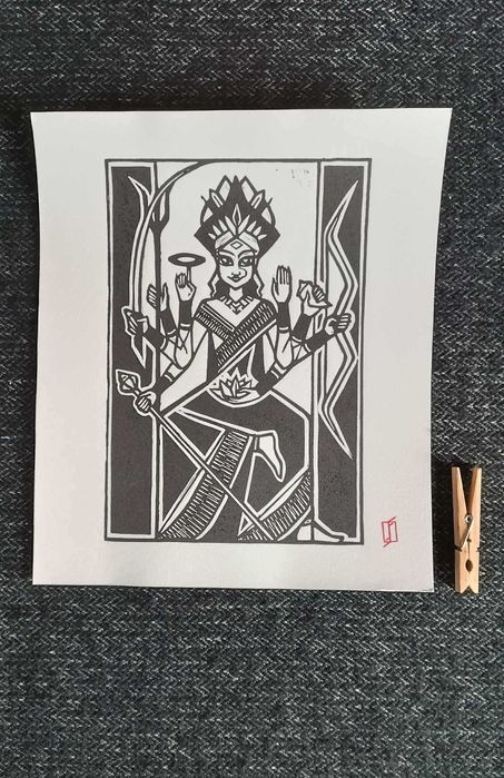 Linoryt, grafika artystyczna / warsztatowa – Durga (Śri Devi)