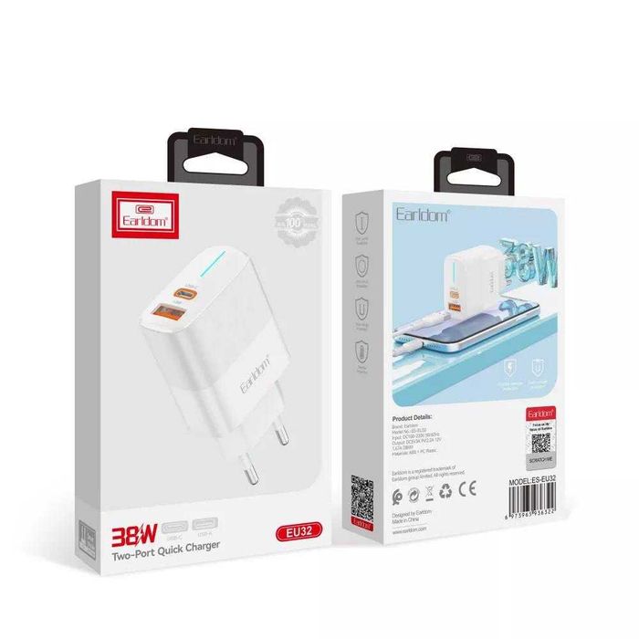 Швидка зарядка 20W Earldom ES-EU32C GaN USB-C + USB-A PD/QC3.0 для iPhone, Samsung, Xiaomi