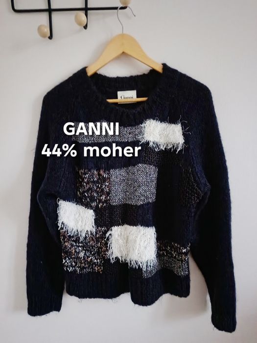 Sweter wełna puszysty granatowy okrągły dekolt  moher  Ganni 36