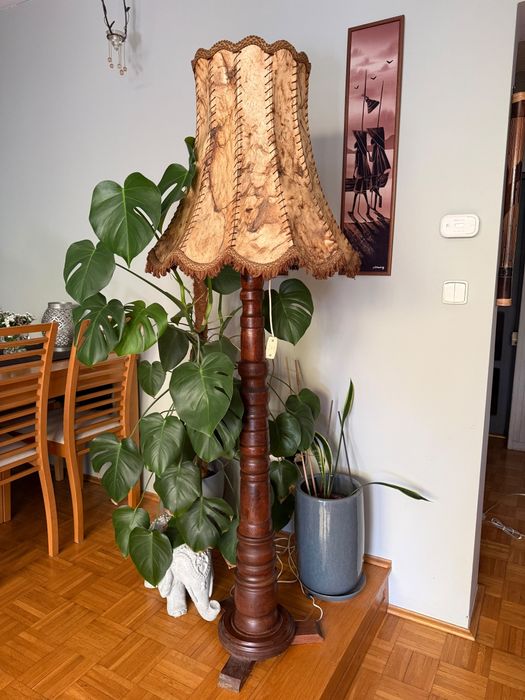 Stara lampa podłogowa dębowa vintage PRL retro duży abażur antyk