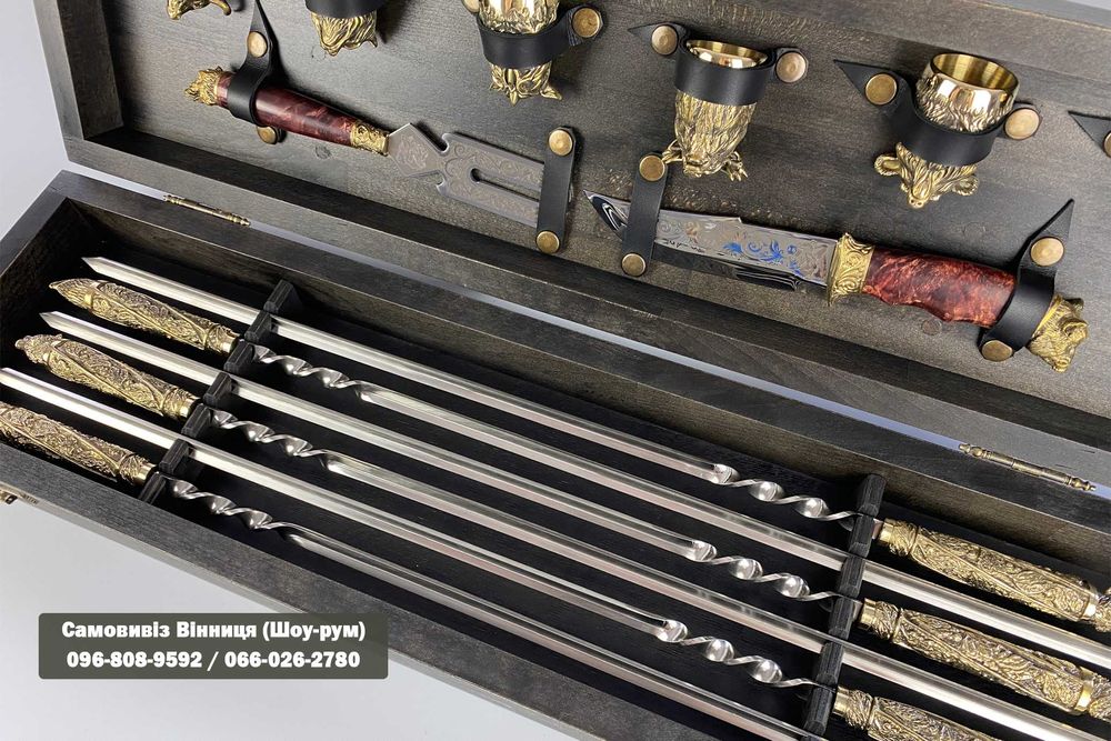 Набір шампурів 6 шт у кейсі Шашличний набір з чарками Латунь лиття