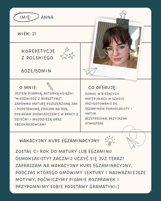 WAKACYJNY KURS Z POSLKIEGO 2026 - PRZYGOTOWANIE DO MATURY LUB EGZAMINU ÓSMOKLASISTY Stała pomoc w bieżących materiałach, egzaminy dla obcokrajowców