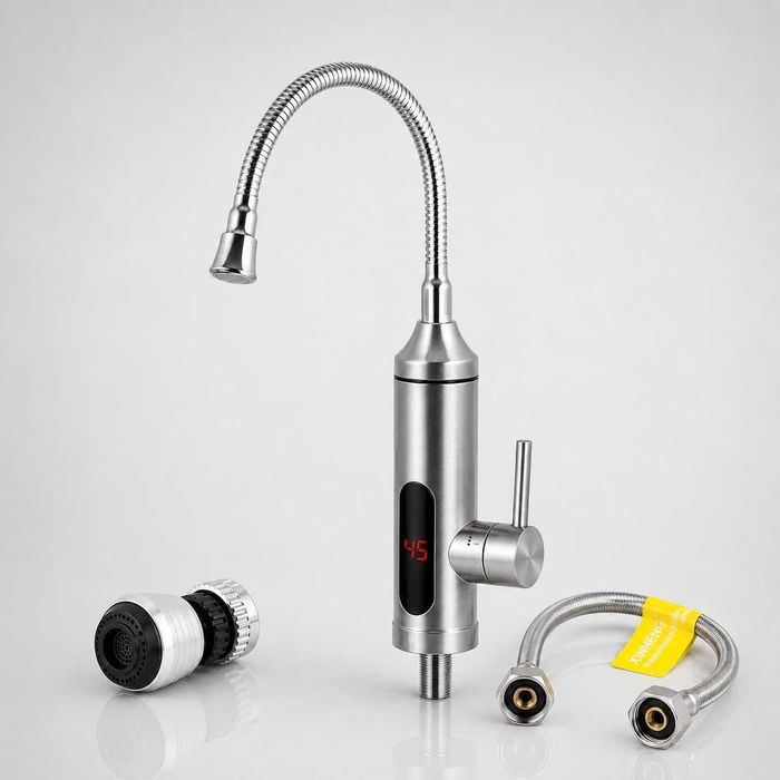 Проточный водонагреватель поворотный рефлекторный излив SDS-F06T нержавеющая сталь 3 кВт с дисплеем + шланг 60 см Forte + аэратор