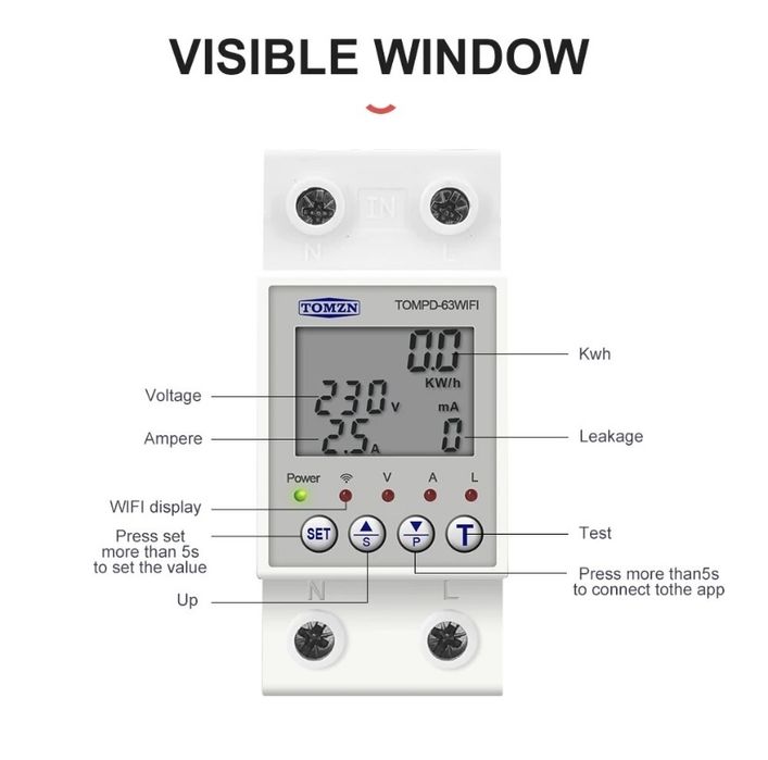 Розумний автомат 63А, ПЗВ, реле напруги з моніторингом Wifi TOMZN Tuya