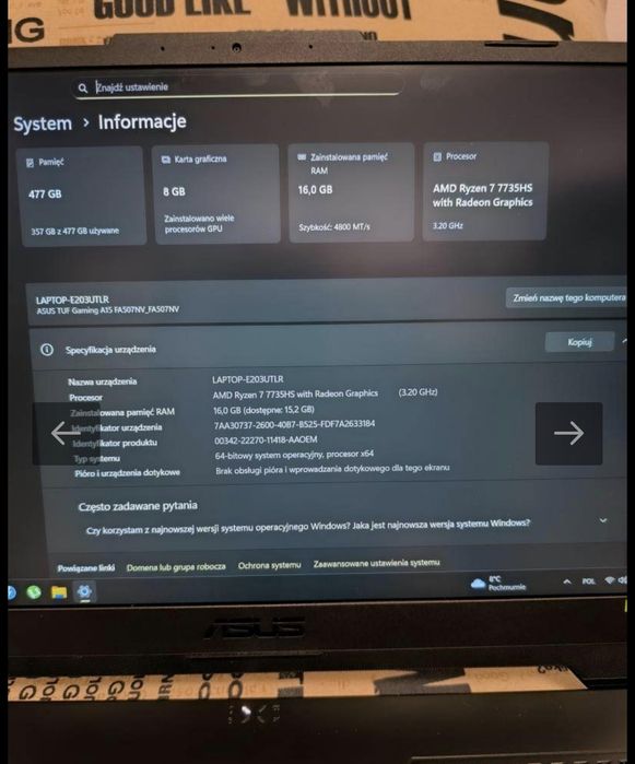 Asus TUF Gaming A15, RTX 4060, Ryzen 7, 16 GB DDR 5, 512 SSD