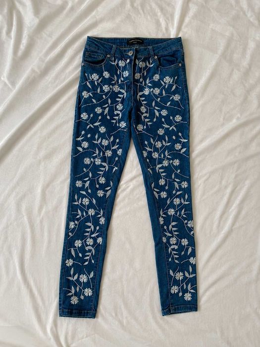 spodnie jeansy boho coquette hafty łączka kwiatki S/M