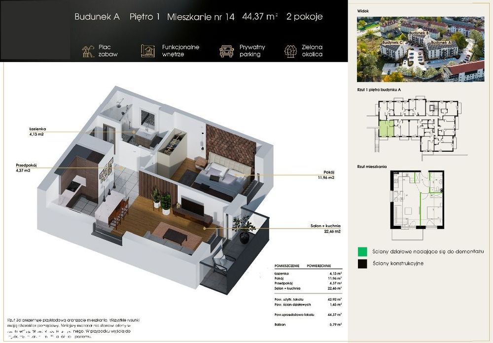 Nowe 2 pokoje | 42,92 m² | balkon | garaż | 1 piętro