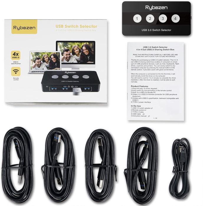 Комутатор Rybozen USB 3.0, 4 порти для 4 ПК, 4 входи та 4 USB-виходи