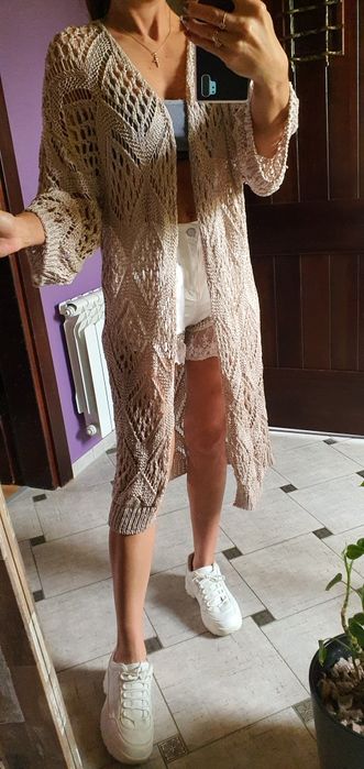 Włoska dzianinowa narzutka sweter ażur beż kardigan uni