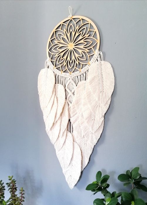 Łapacz snów duży Makrama piórka listki Mandala XXL