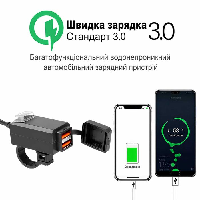 USB зарядное на руль мотоцикла быстрая зарядка