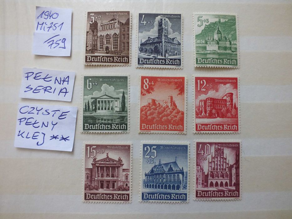 9szt. znaczki pełna seria Mi751 Niemcy 1940r. ZAMKI BUDYNKI Rzesza czyste ** Reich