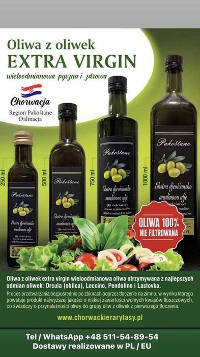 Oliwa z oliwek / EXTRA VIRGIN / Chorwacja / Dalmacja / 500 ml / Dostawa GRATIS
