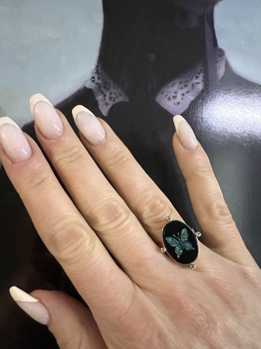 Серьги и кольцо ониксовая бабочка, бриллианты, золото 585•