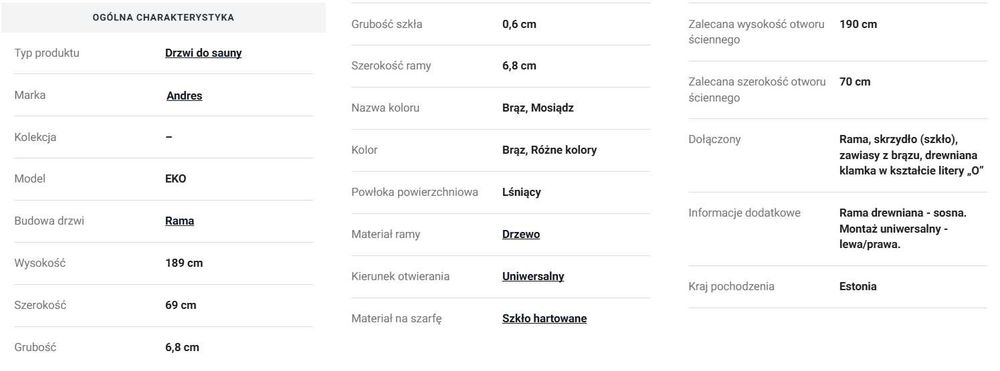 Drzwi do sauny  7x19 ECO 69x189 cm brąz Sosna