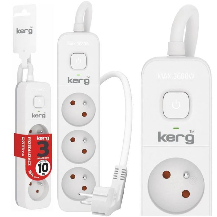 Przedłużacz Kerg z wyłącznikiem 3 gniazda z uziemieniem 10m 16A M02379