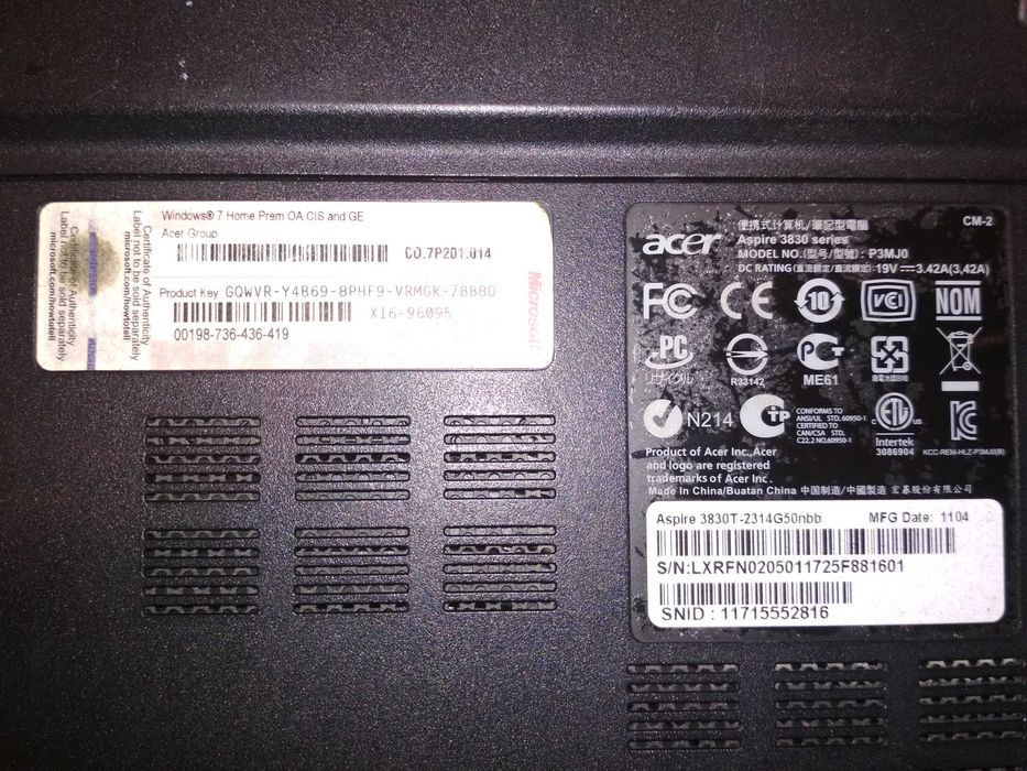 Ноутбук Acer Aspire TimelineX 3830T- 2314G50nbb Model: P3MJ0