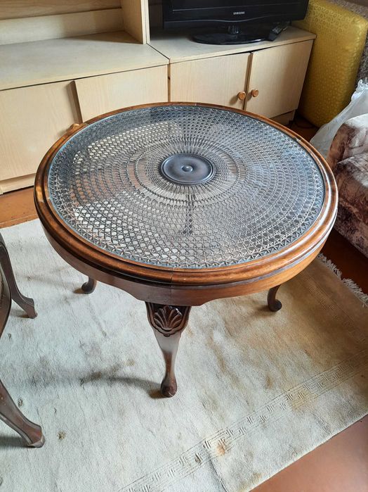 stół okrągły antyk drewno rattan i krzesło styl Ludwikowski-  komplet